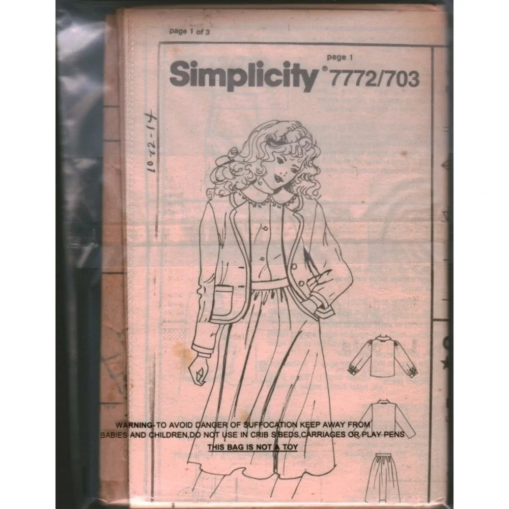 Vintage Simplicity 7772 703 Girls Jacket Skirt Blouse Sewing Pattern Size 14